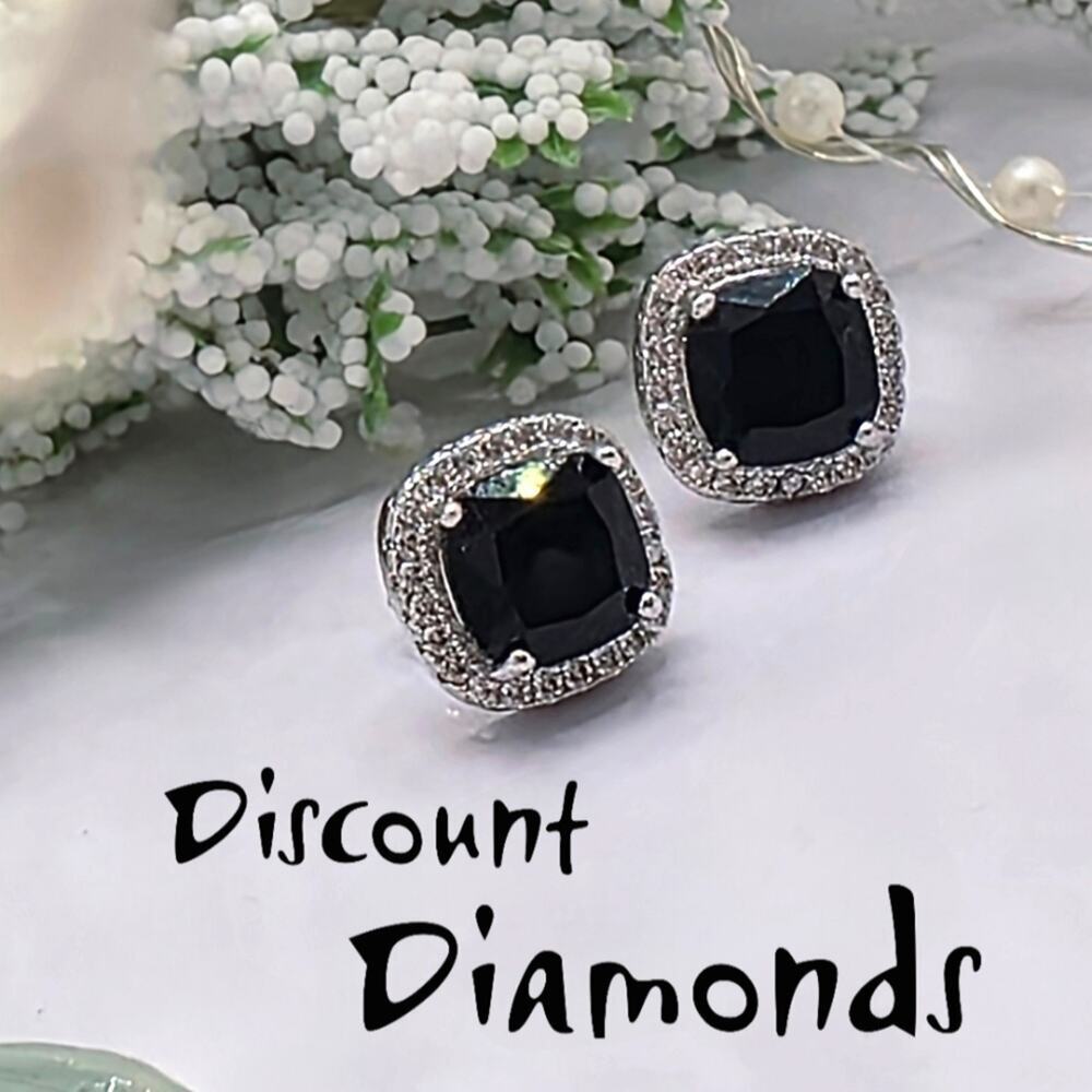 Black Princess Cut Sapphire & White Baguette Diamond Earrings  on 925 Silver